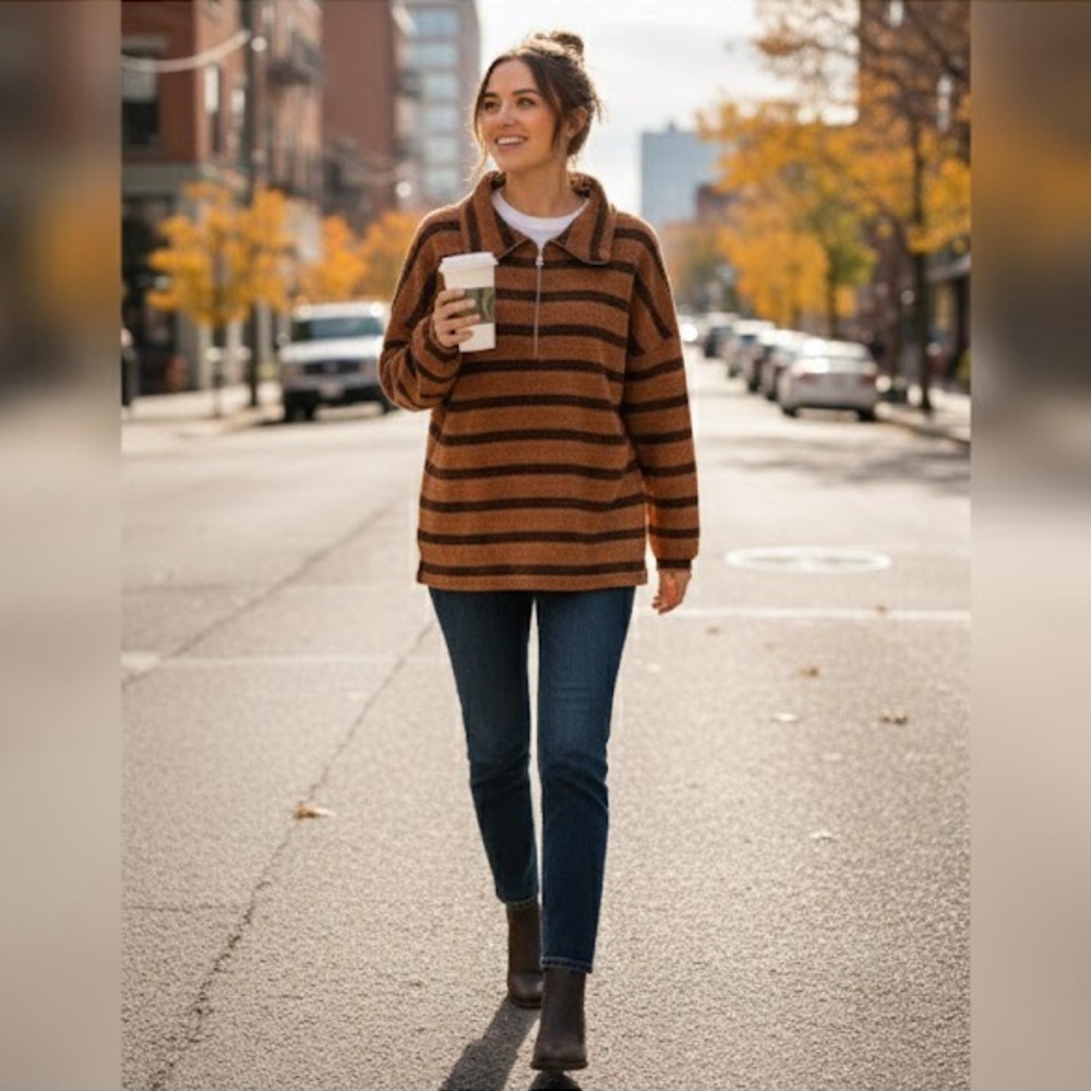 Lovely J Zip-neck Lightweight Sweater - brown & black - Medium NWOT